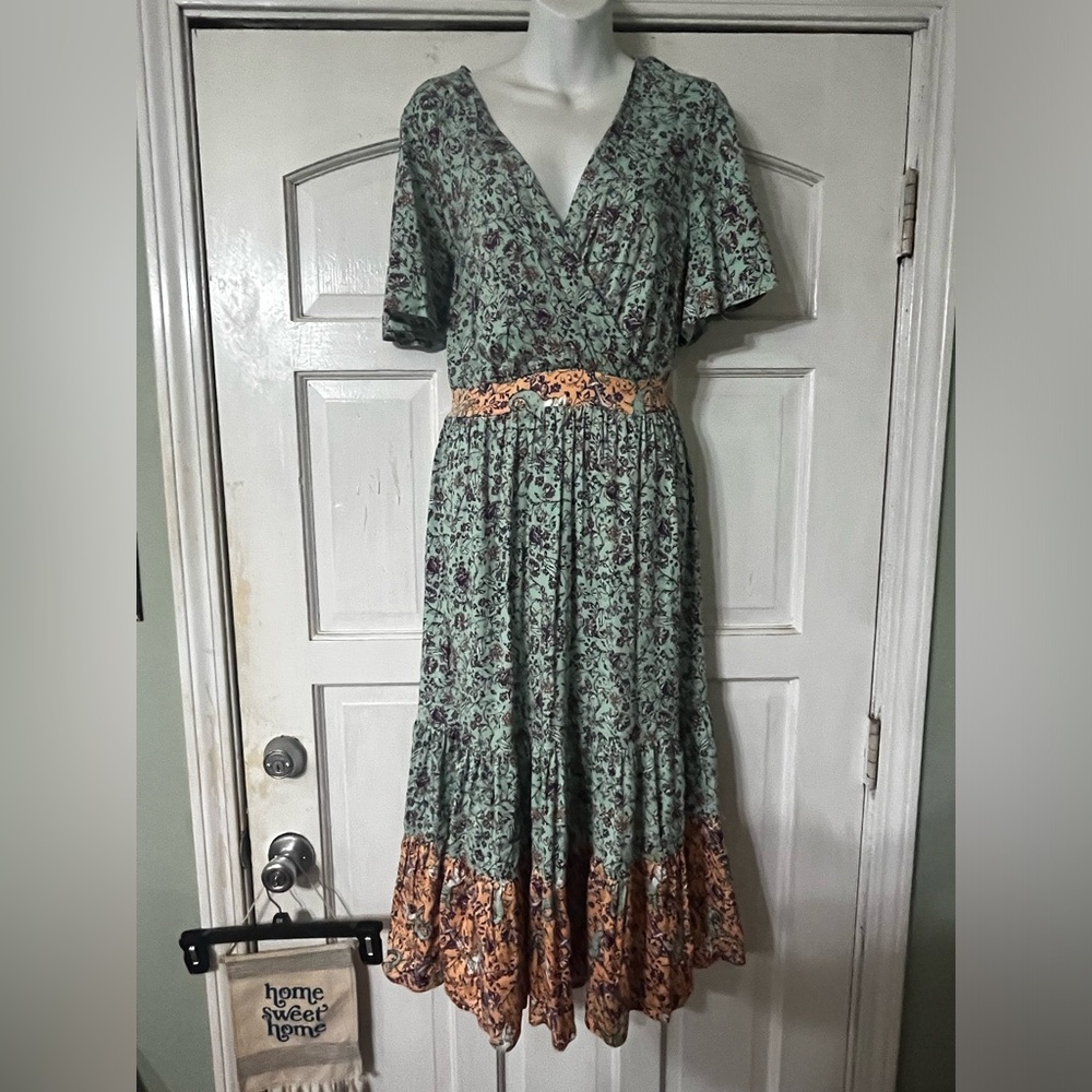 torrid Green Floral Tiered Midi Dress with Orange Accent